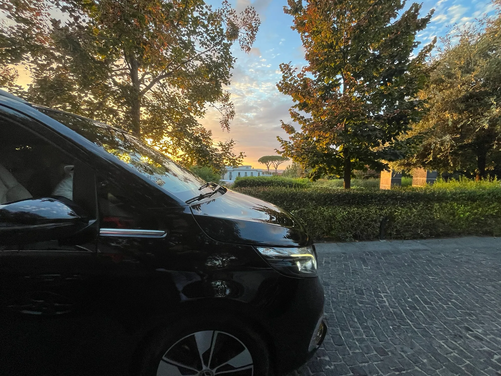 The nose of the black V-Class against a sunset sky, among the trees.